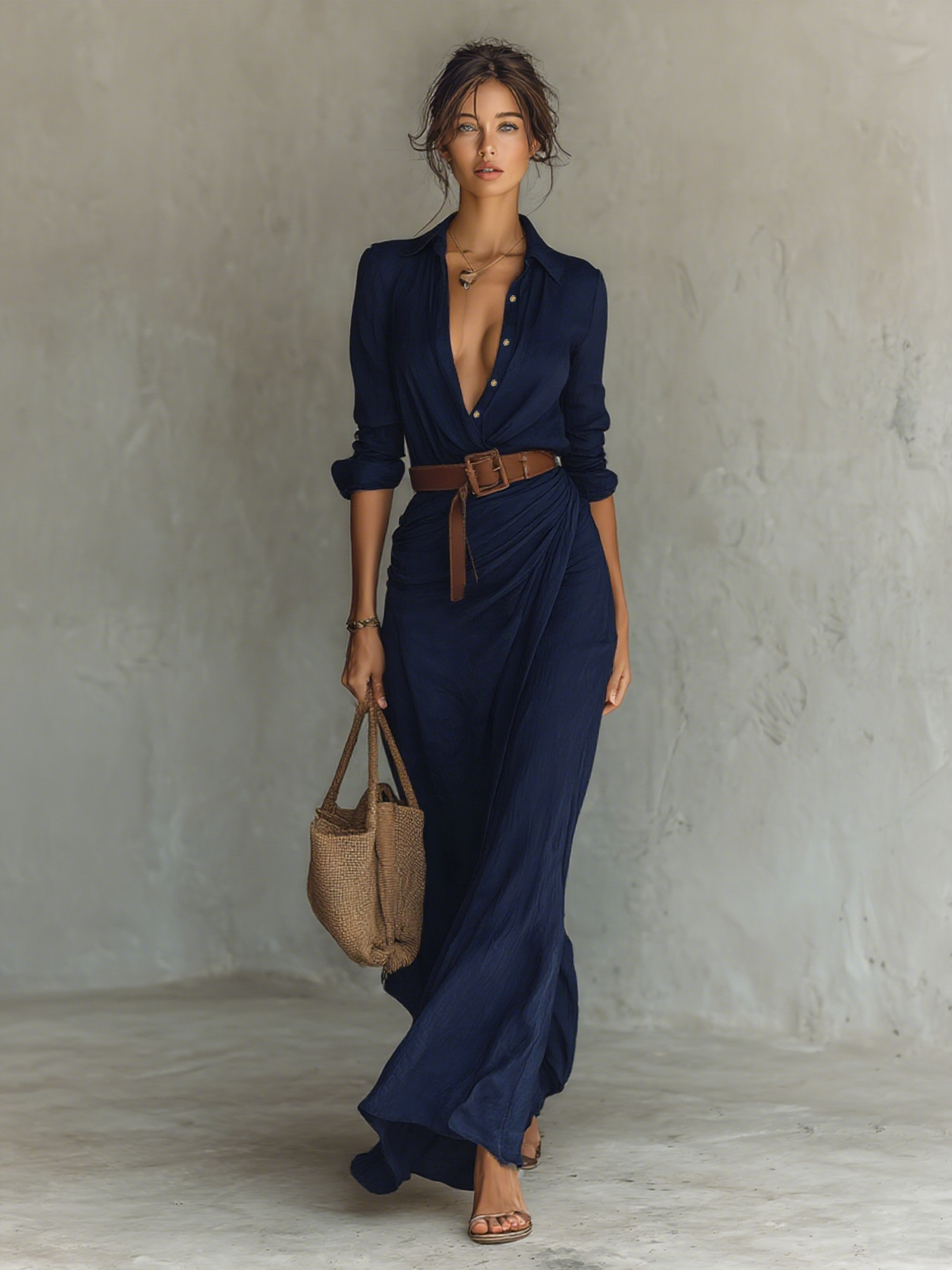 Women's Elegant Cowgirl Long Dress Lapel Single Breasted Belted Waist Long Sleeve Casual Cowgirl – Camel