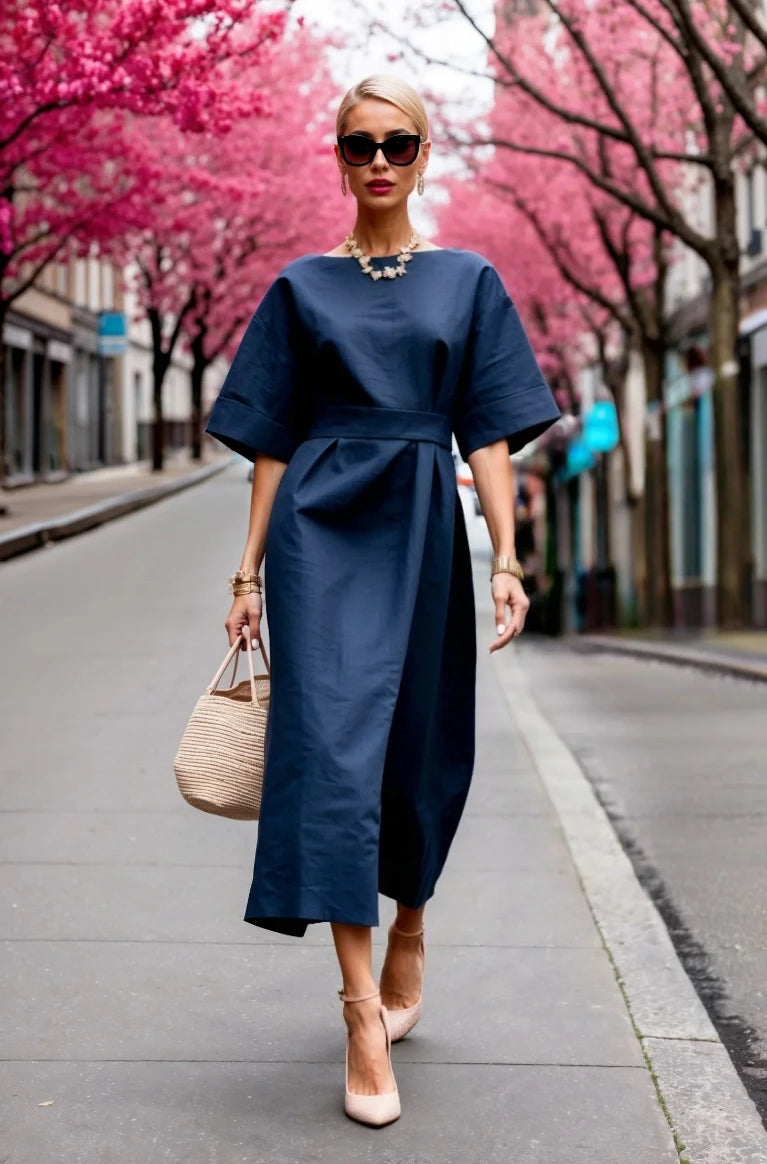 Astrid | Elegant linnemidiklänning med knytbälte