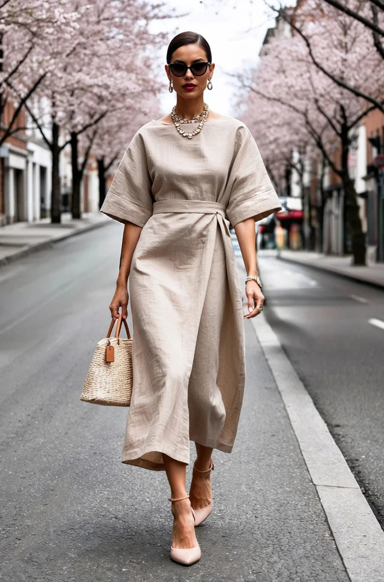 Astrid | Elegant linnemidiklänning med knytbälte