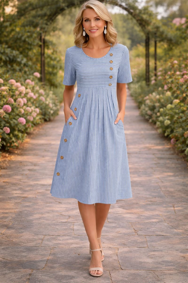 Women's Striped Button-Front Midi Dress Short Sleeve Round Neck Side Pockets A-Line Casual Summer Everyday Brunch Garden – Wanda