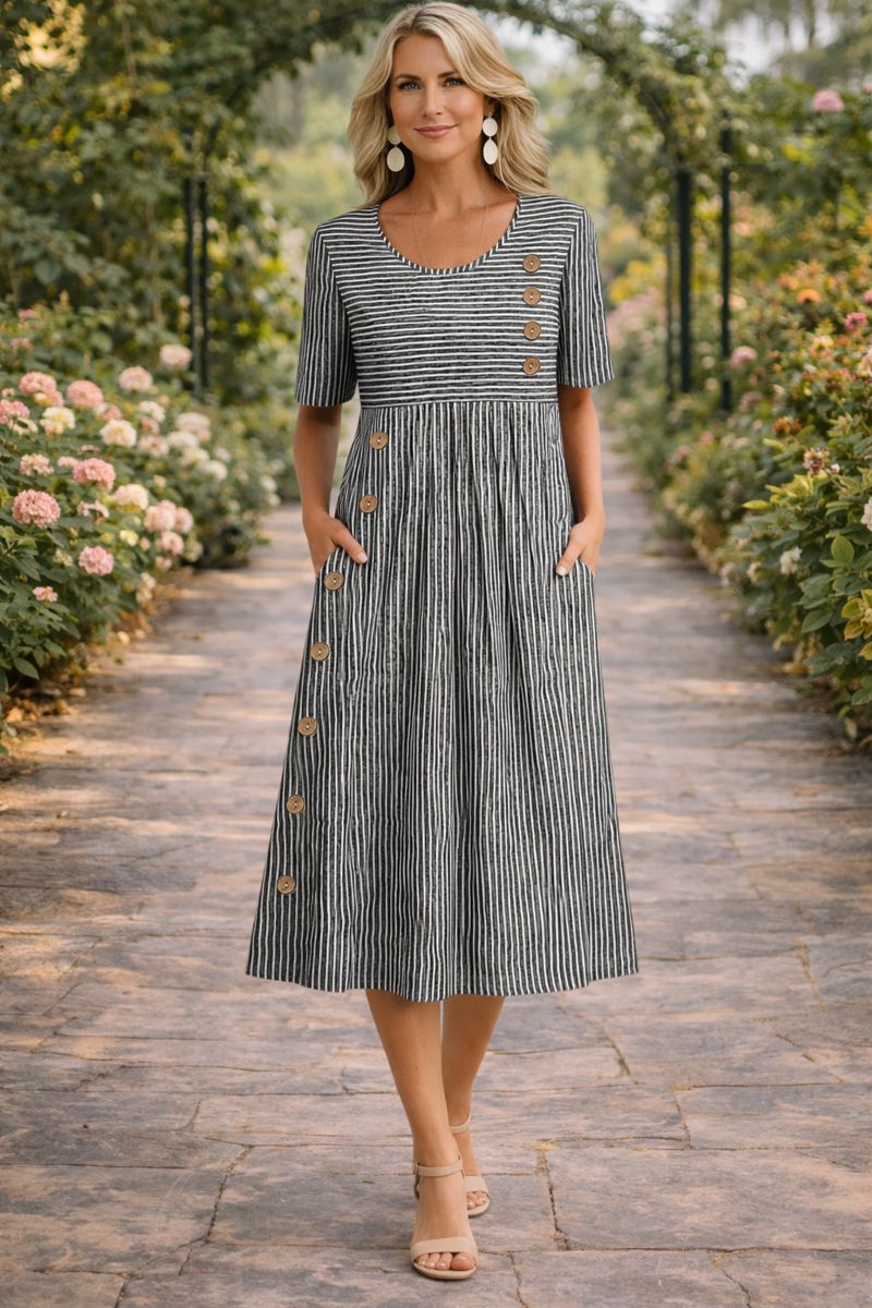 Women's Striped Button-Front Midi Dress Short Sleeve Round Neck Side Pockets A-Line Casual Summer Everyday Brunch Garden – Wanda