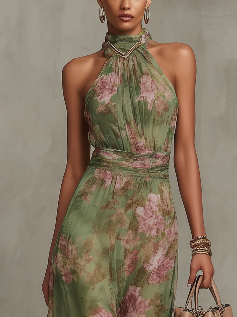 Livia - elegant, floral maxi dress with a halter neck