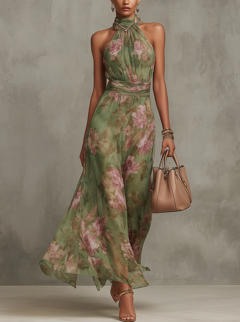 Livia - elegant, floral maxi dress with a halter neck