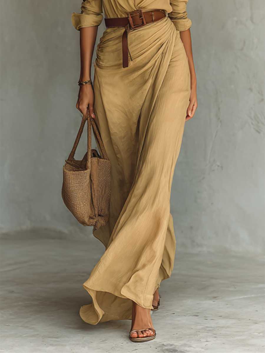 Women's Elegant Cowgirl Long Dress Lapel Single Breasted Belted Waist Long Sleeve Casual Cowgirl – Camel
