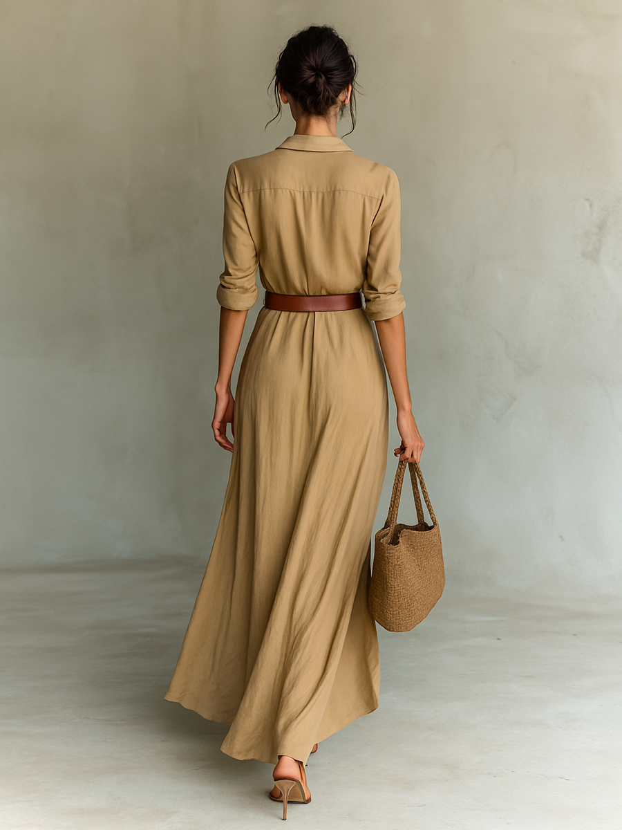Women's Elegant Cowgirl Long Dress Lapel Single Breasted Belted Waist Long Sleeve Casual Cowgirl – Camel