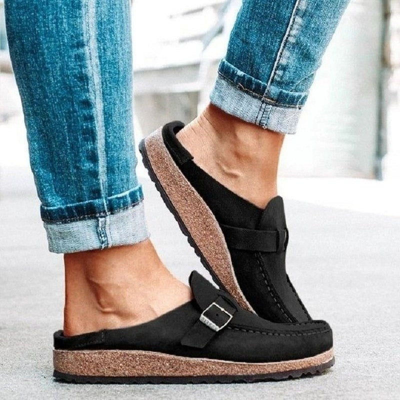 Women's Suede Clog Mules Slip-On Buckle Flat Casual Walking Shoes