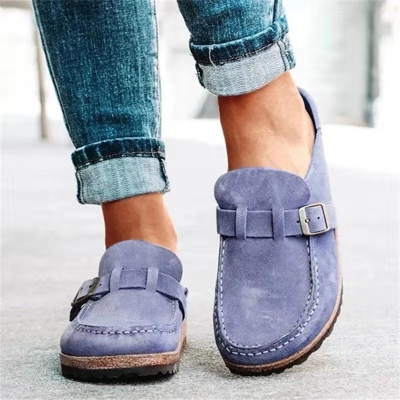 Women's Suede Clog Mules Slip-On Buckle Flat Casual Walking Shoes