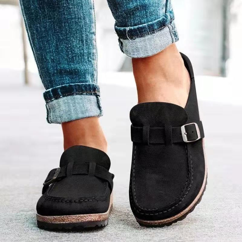 Women's Suede Clog Mules Slip-On Buckle Flat Casual Walking Shoes