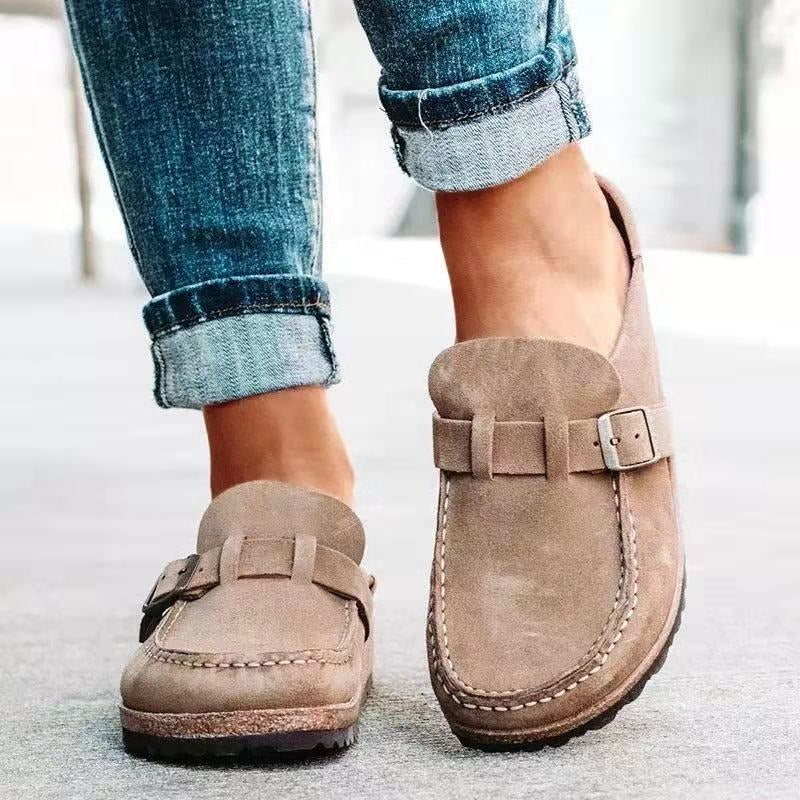 Women's Suede Clog Mules Slip-On Buckle Flat Casual Walking Shoes