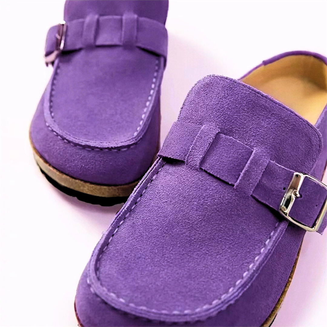 Women's Suede Clog Mules Slip-On Buckle Flat Casual Walking Shoes