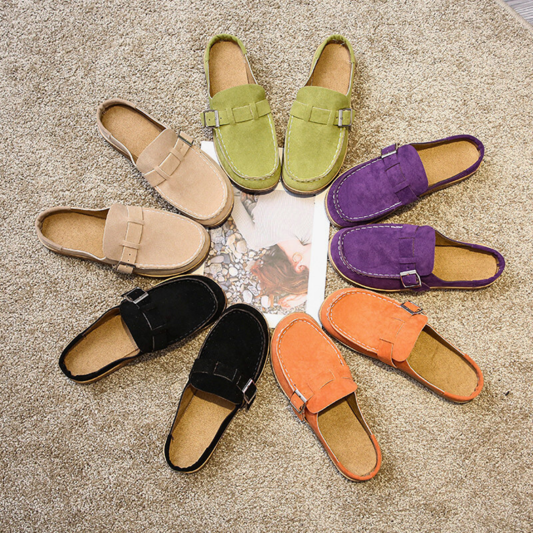 Women's Suede Clog Mules Slip-On Buckle Flat Casual Walking Shoes