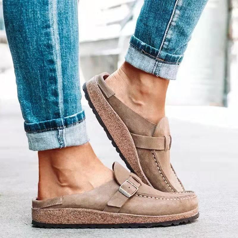 Women's Suede Clog Mules Slip-On Buckle Flat Casual Walking Shoes