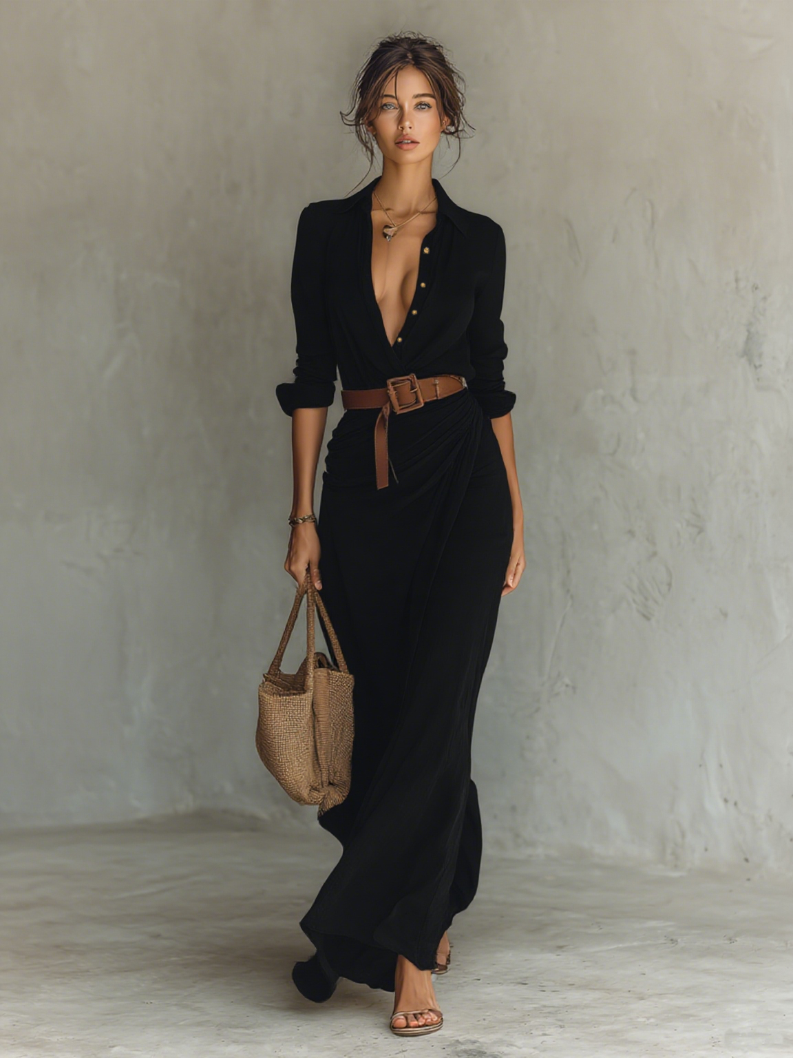 Women's Elegant Cowgirl Long Dress Lapel Single Breasted Belted Waist Long Sleeve Casual Cowgirl – Camel