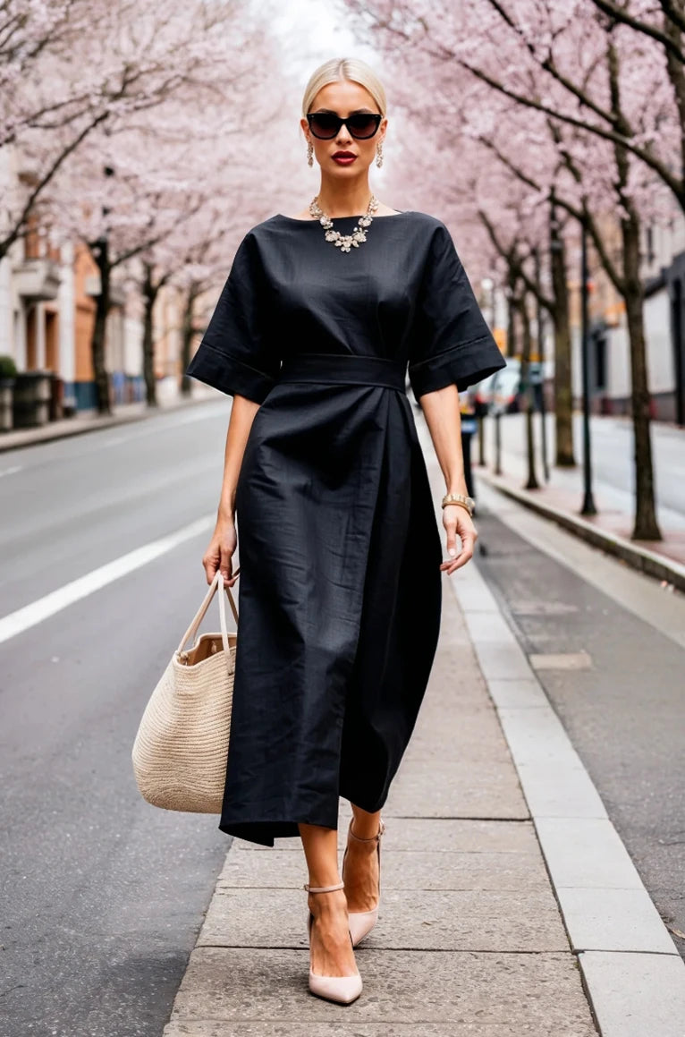 Astrid | Elegant linnemidiklänning med knytbälte