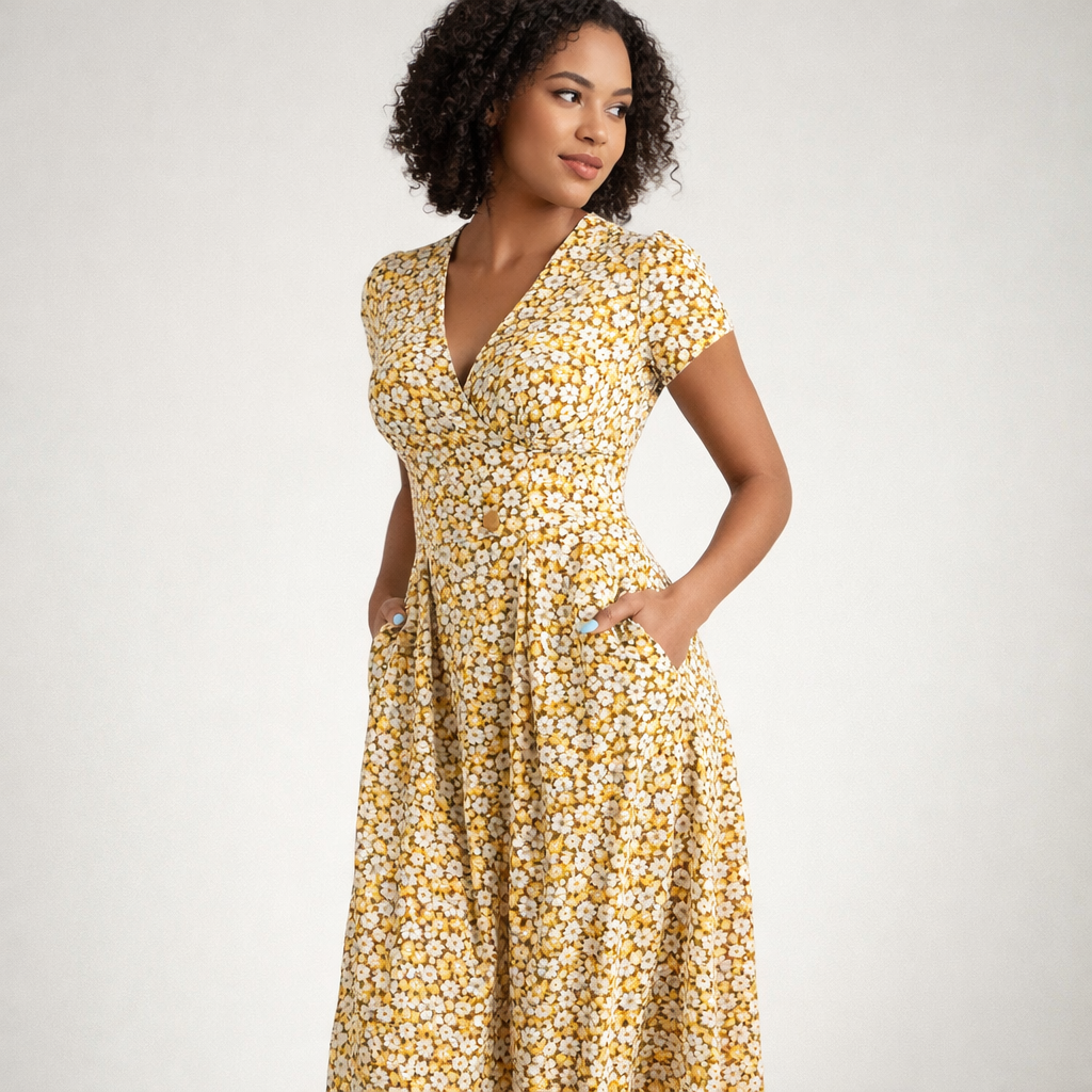 Women’s Floral V-Neck Short Sleeve Midi Dress with Pockets