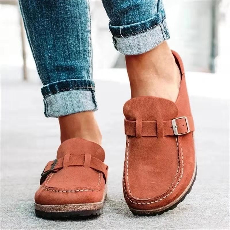 Women's Suede Clog Mules Slip-On Buckle Flat Casual Walking Shoes