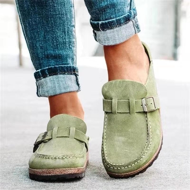 Women's Suede Clog Mules Slip-On Buckle Flat Casual Walking Shoes